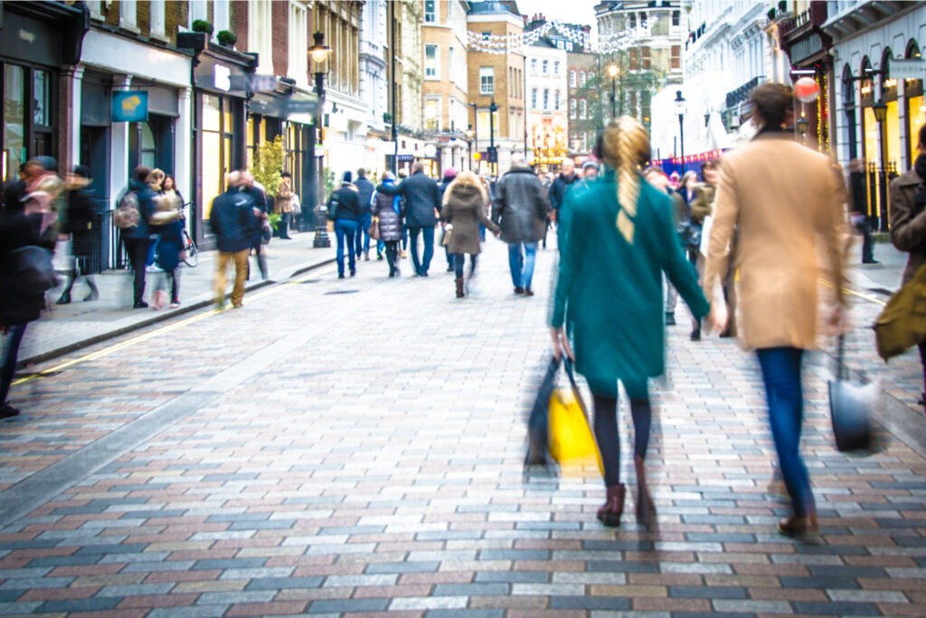 A busy high street in the UK.